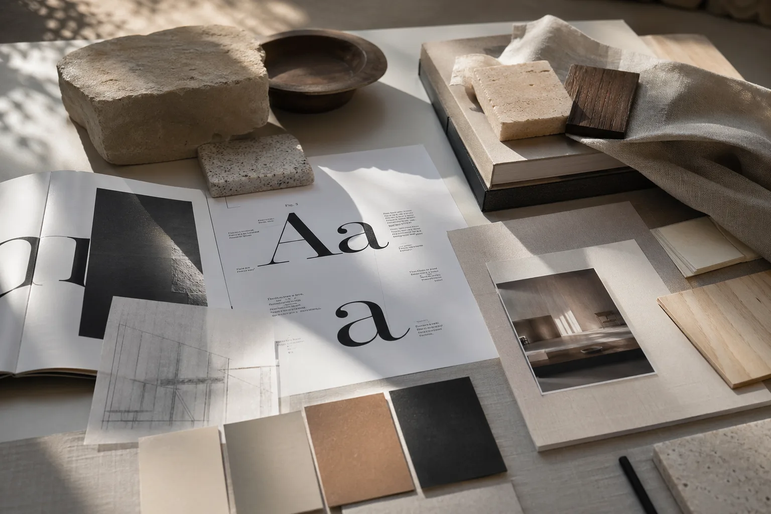 Design studio table with type studies, material boards, and warm neutral samples