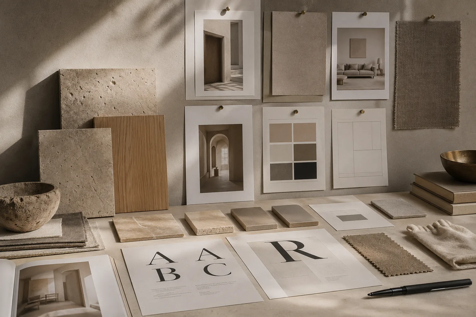 Editorial desk with identity boards, type proofs, material samples, and interior mood images arranged in a grid