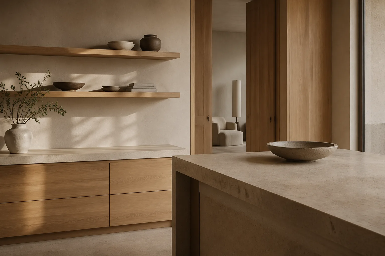 Quiet modern interior with clean countertops, pale walls, soft daylight, and minimal but warm styling
