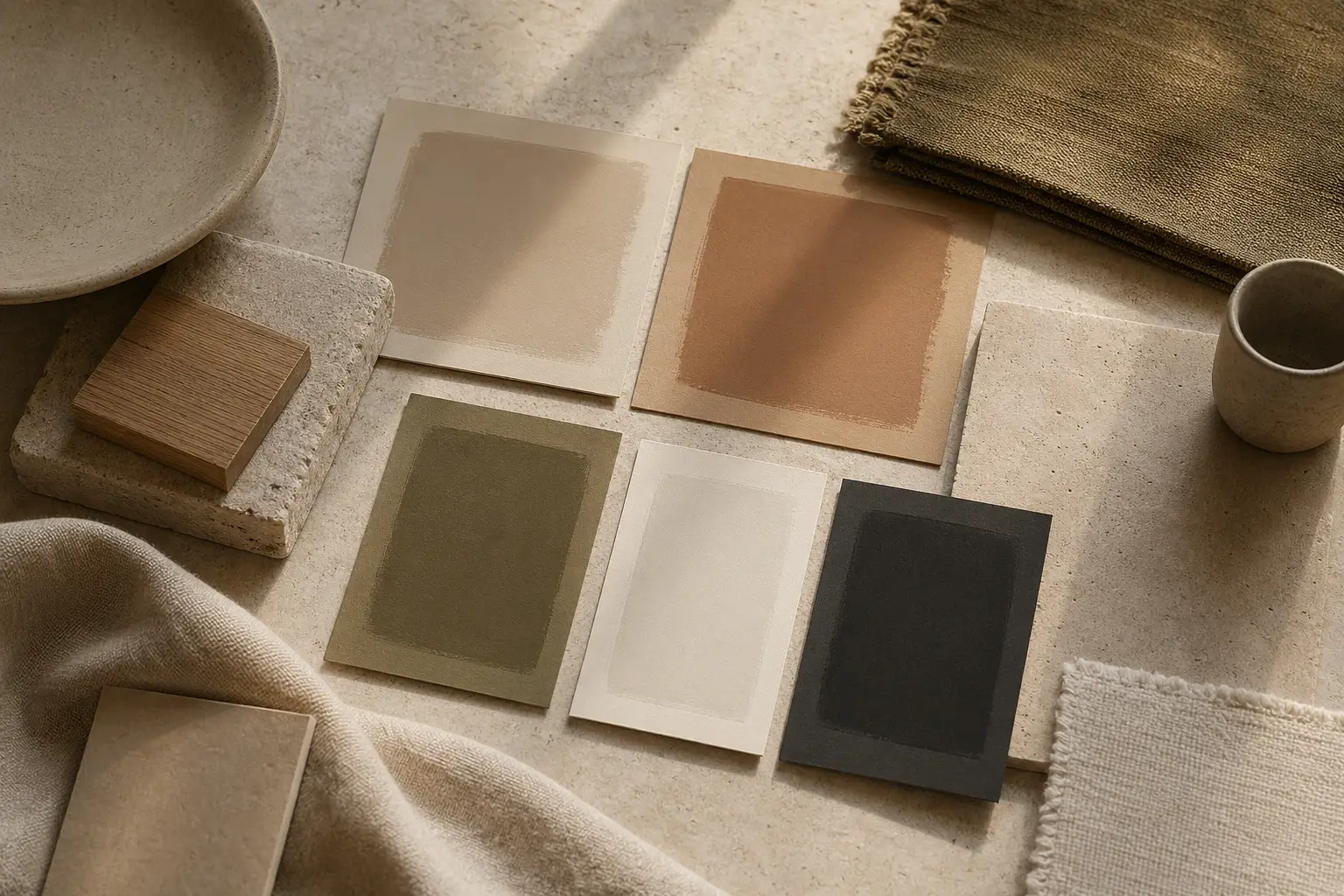 Editorial palette board with clay, sand, muted green, charcoal, and warm white interior color samples