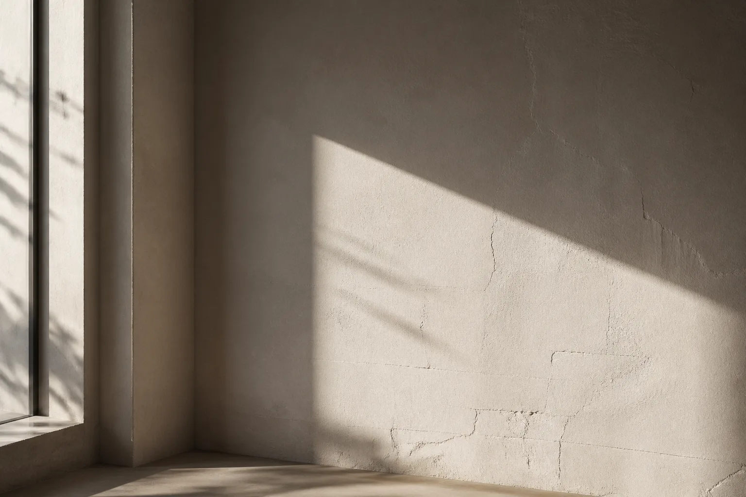 Sunlight washing across a pale plaster wall, revealing subtle marks, shadows, and material depth