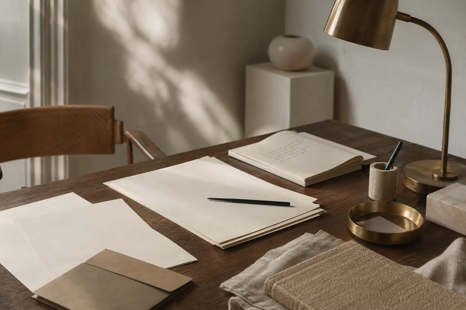 Quiet editorial desk with correspondence papers, lamp, and design notes in a warm minimal studio